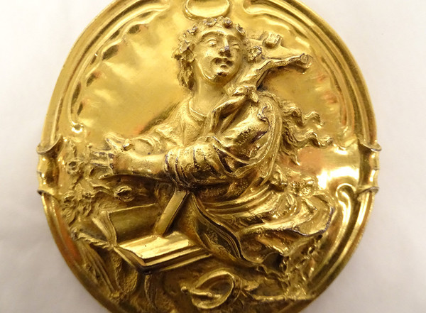 Brass Plaque or Medallion "Saint Catherine Alexandria" with Crown and Sceptre 17th century