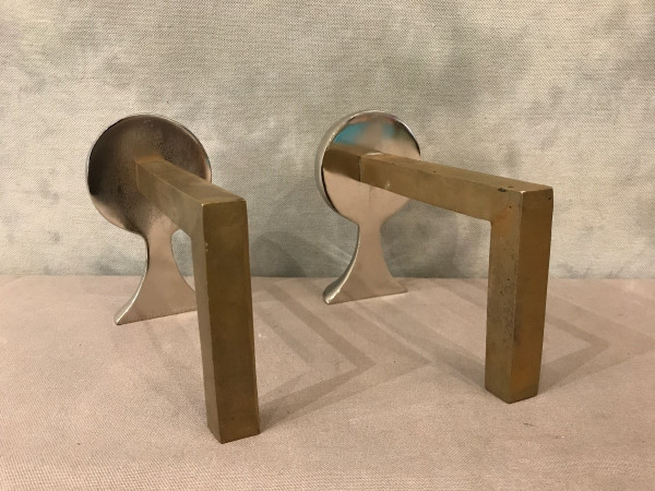 Small modernist andirons in chromed metal circa 1970