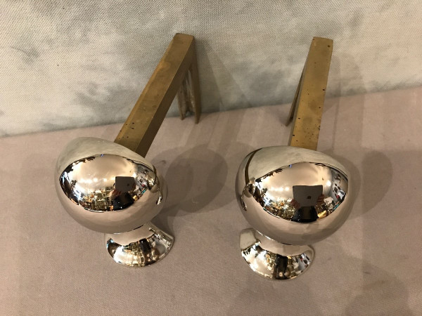 Small modernist andirons in chromed metal circa 1970