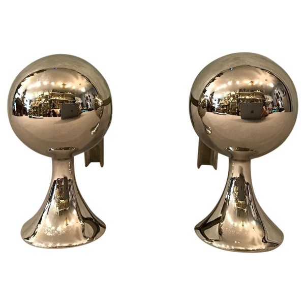 Small modernist andirons in chromed metal circa 1970