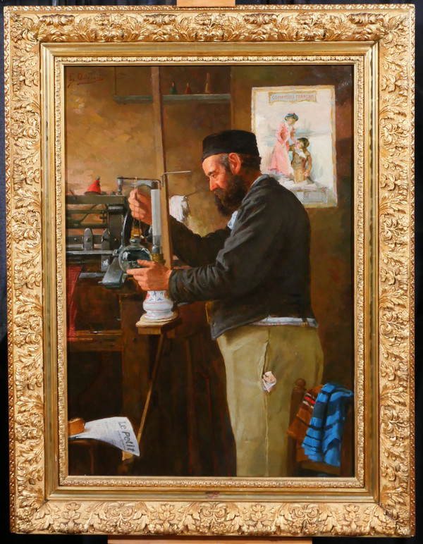 Edmond QUIGNARD, 19th-20th, Weaver in his workshop, large painting, circa 1900