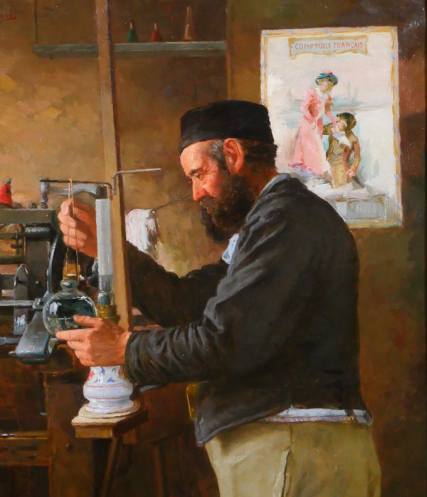 Edmond QUIGNARD, 19th-20th, Weaver in his workshop, large painting, circa 1900