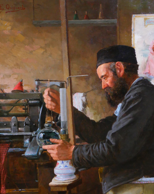 Edmond QUIGNARD, 19th-20th, Weaver in his workshop, large painting, circa 1900