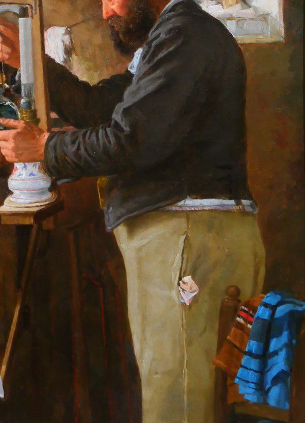 Edmond QUIGNARD, 19th-20th, Weaver in his workshop, large painting, circa 1900