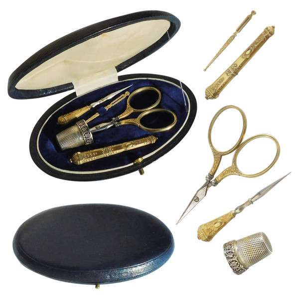 Small Vermeil Sewing Set In A Late 19th Early 20th Leather Case