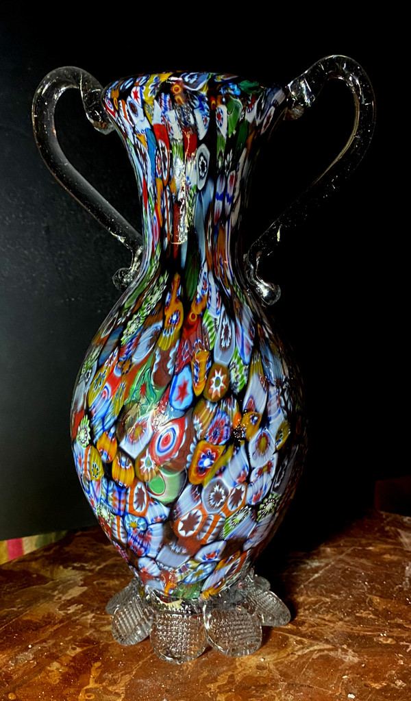 Murano millefiori neck vase with handles from the "60s" in rich and varied colors