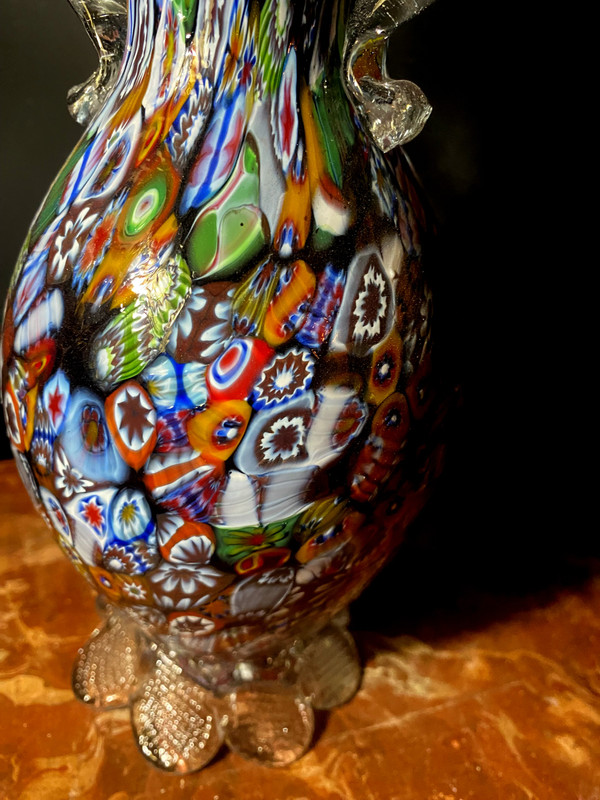 Murano millefiori neck vase with handles from the "60s" in rich and varied colors