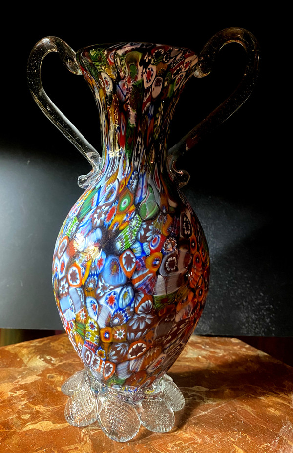 Murano millefiori neck vase with handles from the "60s" in rich and varied colors