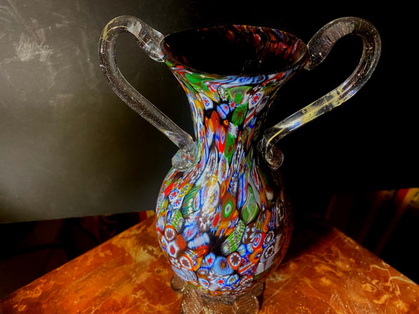 Murano millefiori neck vase with handles from the "60s" in rich and varied colors
