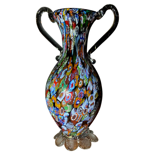 Murano millefiori neck vase with handles from the "60s" in rich and varied colors