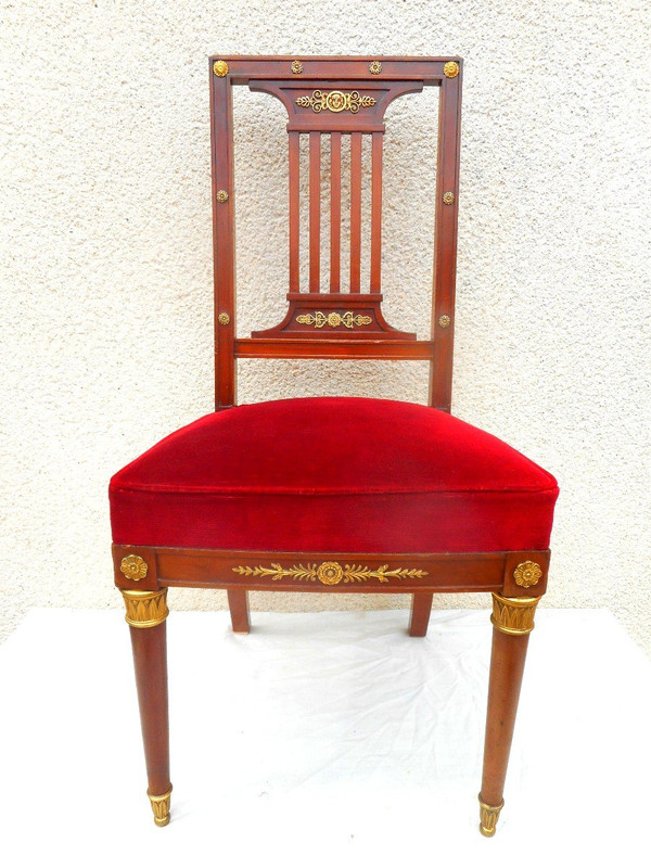 Suite Of Six Empire Period Chairs In Mahogany And Gilded Bronze