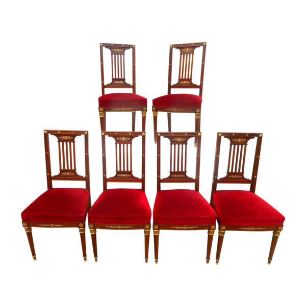Suite Of Six Empire Period Chairs In Mahogany And Gilded Bronze