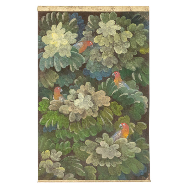 Painted canvas depicting parakeets. Contemporary work.