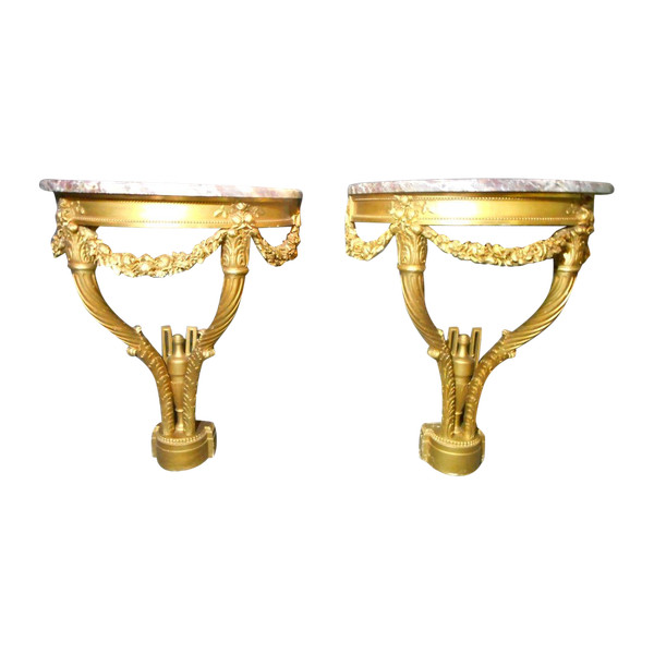 Paire De Console Aux Cornes d'Abondance En Bois Doré époque XIXe