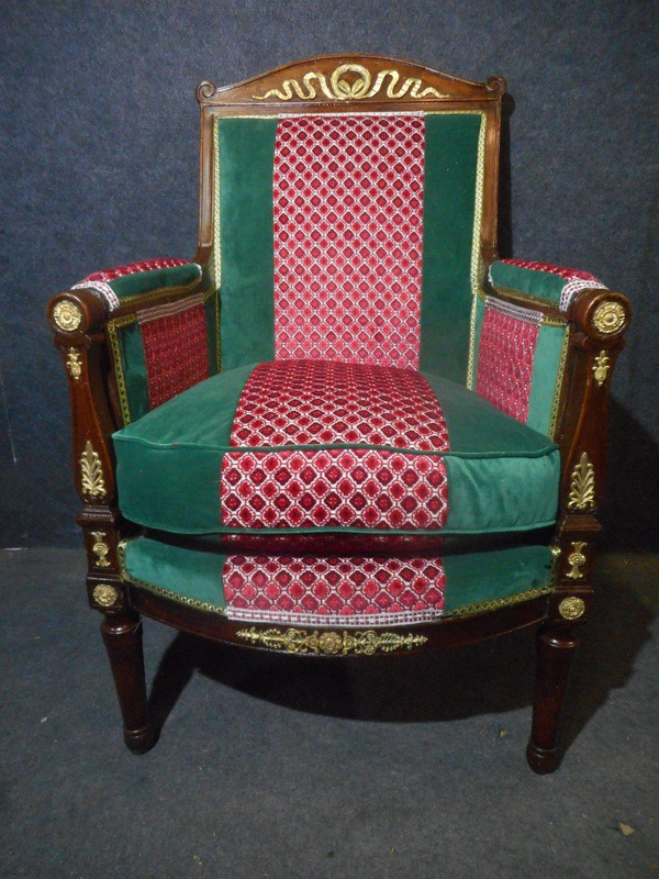 Pair Of Empire Period Officer's Bergères In Cuban Mahogany And Gilt Bronze