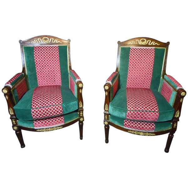 Pair Of Empire Period Officer's Bergères In Cuban Mahogany And Gilt Bronze