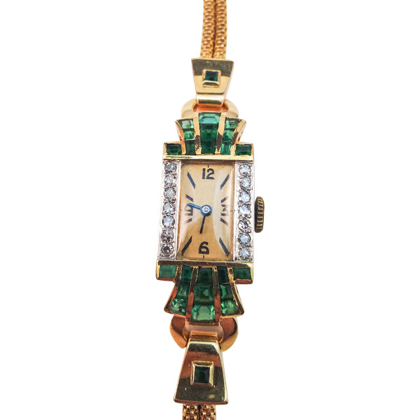 Art-Deco-Uhr, Diamanten, Gold, Smaragde