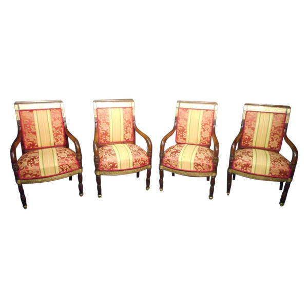 Series Of Restoration Period Armchairs Attributed To Jacob In Cuban Mahogany And Gilt Bronze