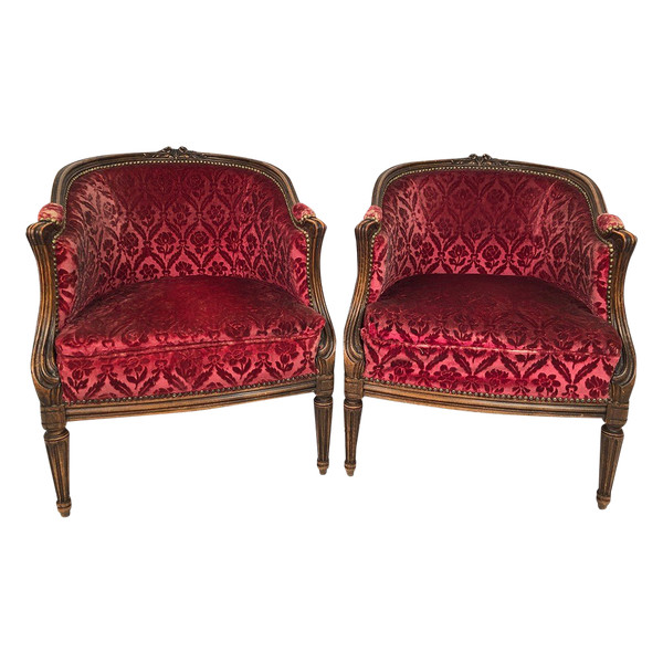 Pair of bergères, Transition period, burgundy velvet upholstery