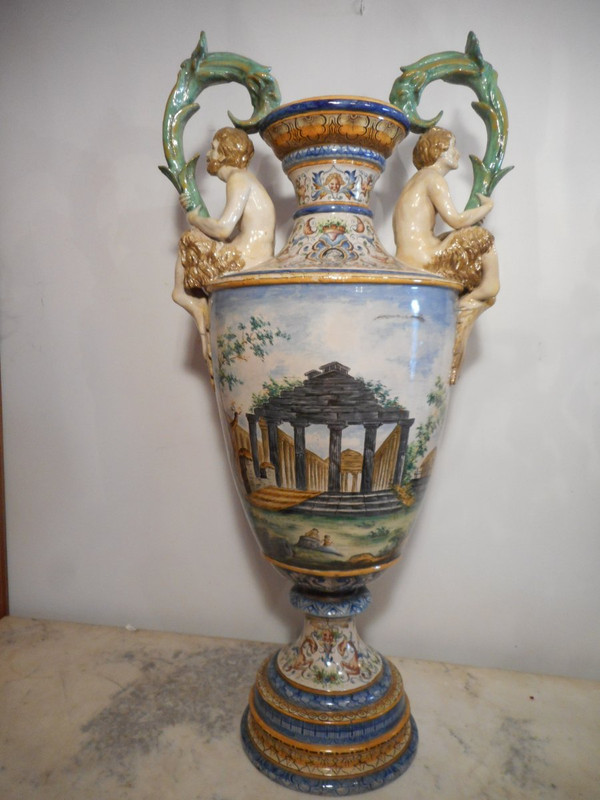 Large Pair Of Urbino Majolica Vases 19th Century