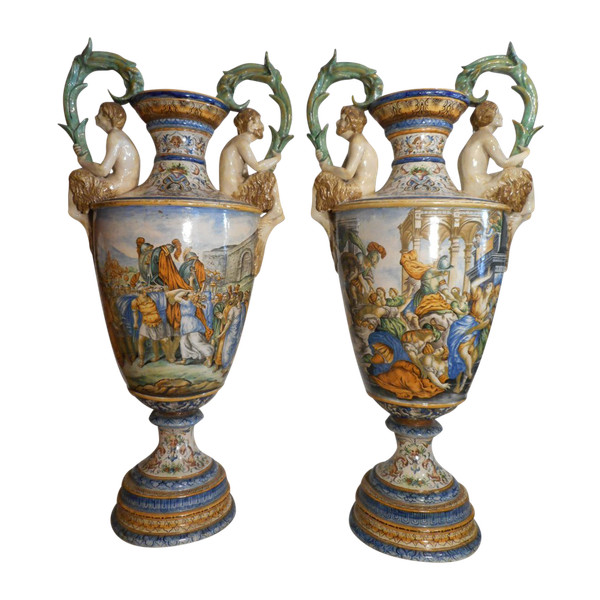 Large Pair Of Urbino Majolica Vases 19th Century