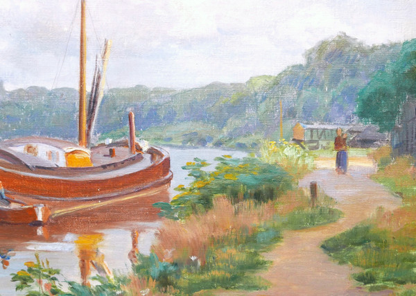 Charles Joseph Victor WISLIN, Animated river bank with a boat (the Somme?)
