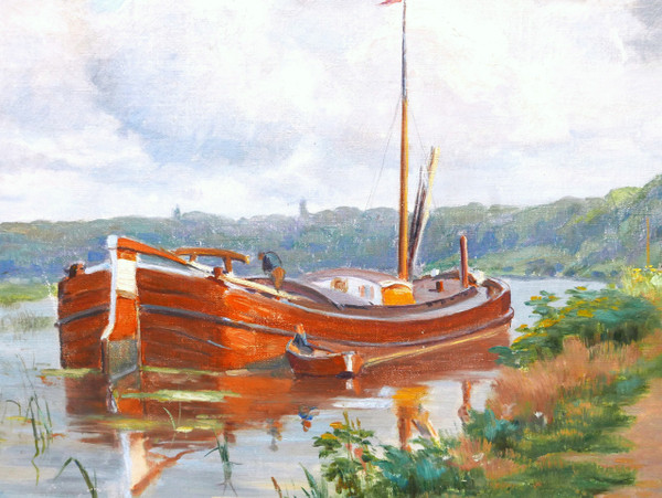 Charles Joseph Victor WISLIN, Animated river bank with a boat (the Somme?)