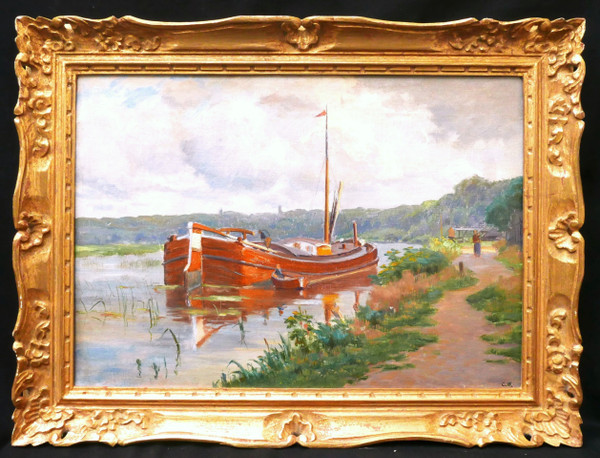 Charles Joseph Victor WISLIN, Animated river bank with a boat (the Somme?)