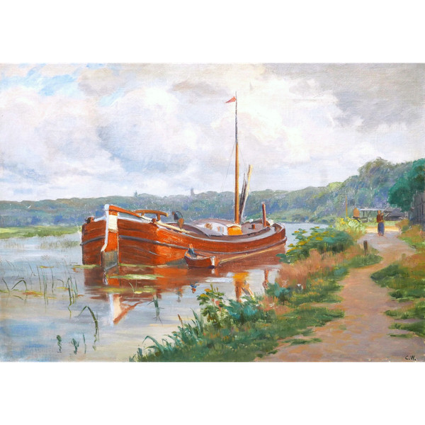 Charles Joseph Victor WISLIN, Animated river bank with a boat (the Somme?)