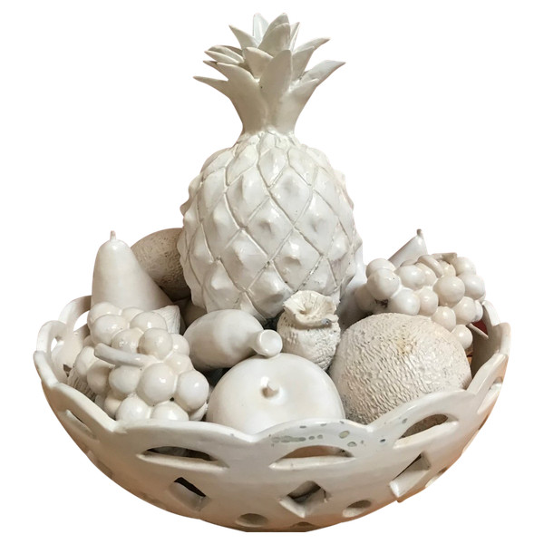 Trompe l'Oeil fruit bowl in white earthenware by Jean Roger, circa 1960.