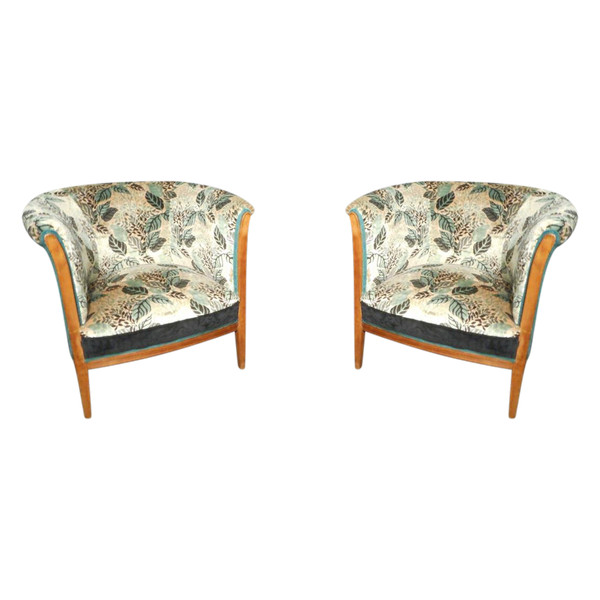 Pair De Fauteuil Tonneau En Marqueterie époque Art Deco