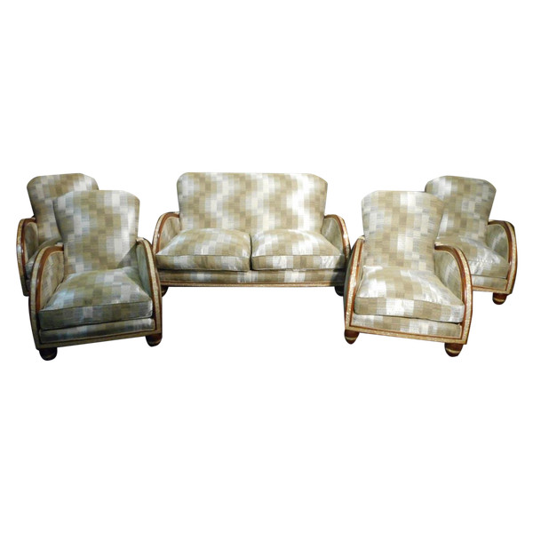 Art Deco Living Room Set In Mahogany Inlaid With Pearlescent Band