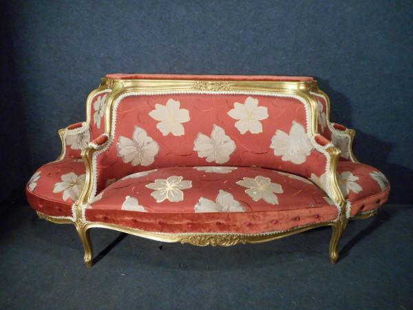 Causeuse époque XIXe En Bois Doré Et Soieries