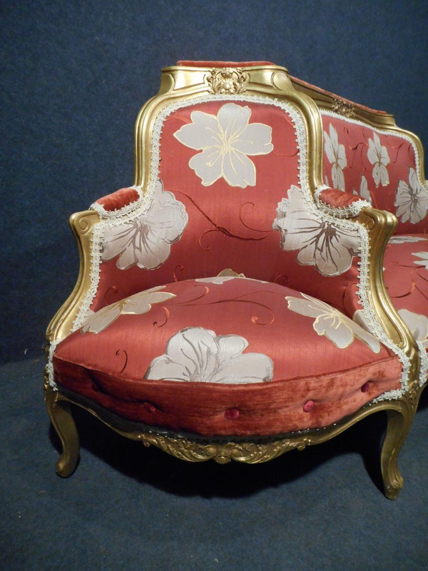 Causeuse époque XIXe En Bois Doré Et Soieries