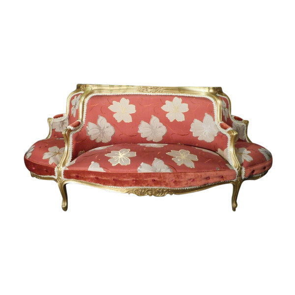 Causeuse époque XIXe En Bois Doré Et Soieries