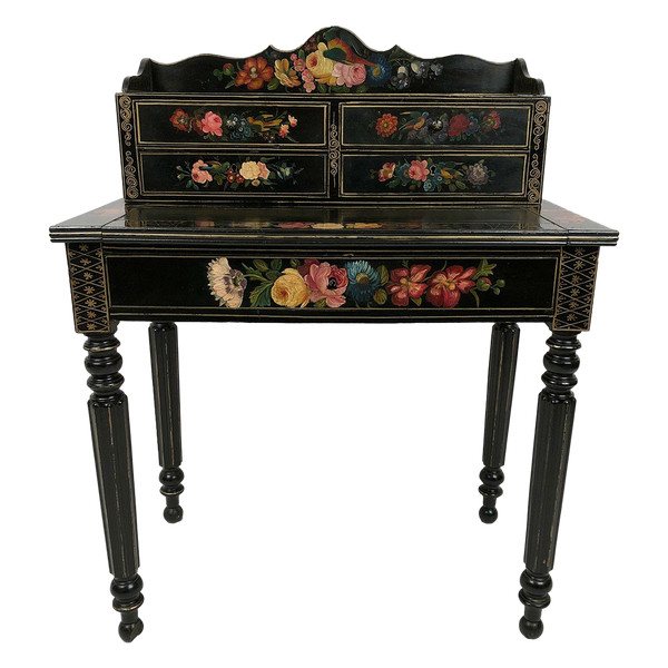 Bonheur du jour in black lacquered wood with rich painted decorations of flowers and birds, Napoleon III