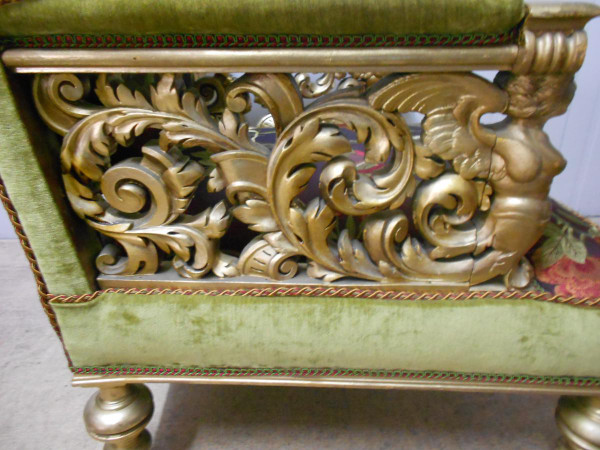 Poltrona In Legno Dorato Intagliato Epoca Napoleone III Con Sete Modello Raro