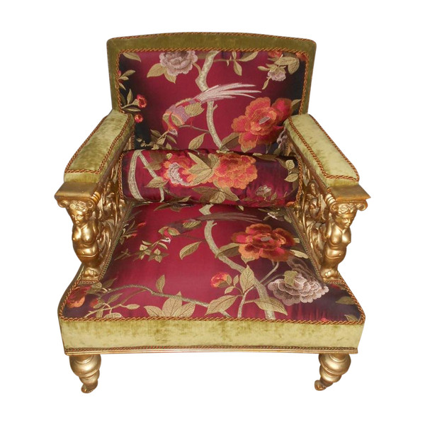 Poltrona In Legno Dorato Intagliato Epoca Napoleone III Con Sete Modello Raro