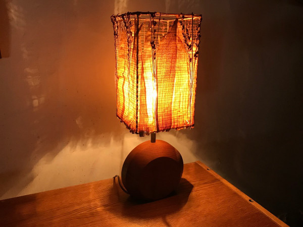 Teak lamp with corn leaf shade, circa 1980.