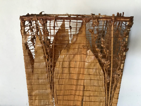 Teak lamp with corn leaf shade, circa 1980.