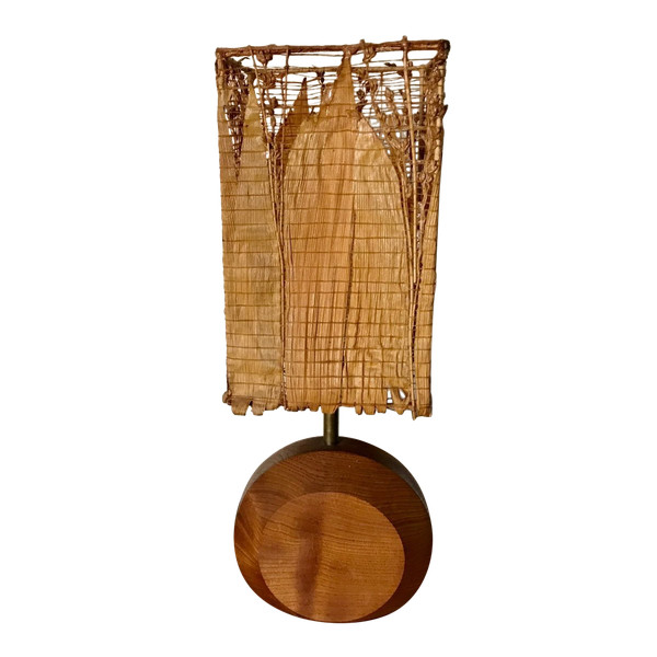 Teak lamp with corn leaf shade, circa 1980.