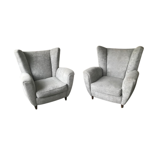 Pair of Italian armchairs in the style of Jean Royère in pearl gray velvet.