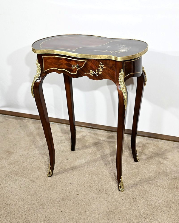 Small Marquetry Living Room Table, Louis XV style, Napoleon III period – Mid-19th century