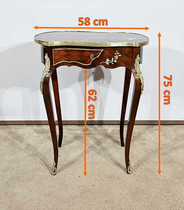 Small Marquetry Living Room Table, Louis XV style, Napoleon III period – Mid-19th century