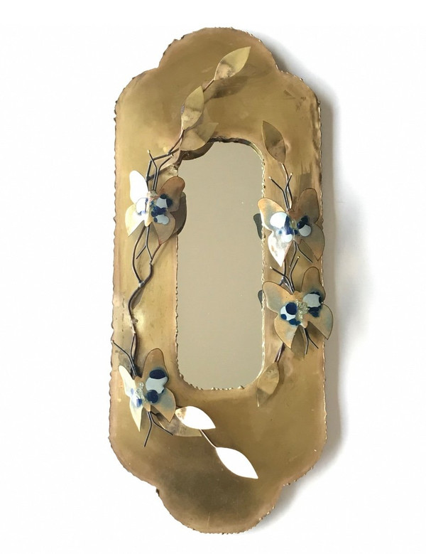 Brass mirror in the Jacques Duval Brasseur style with butterfly decoration, circa 1970