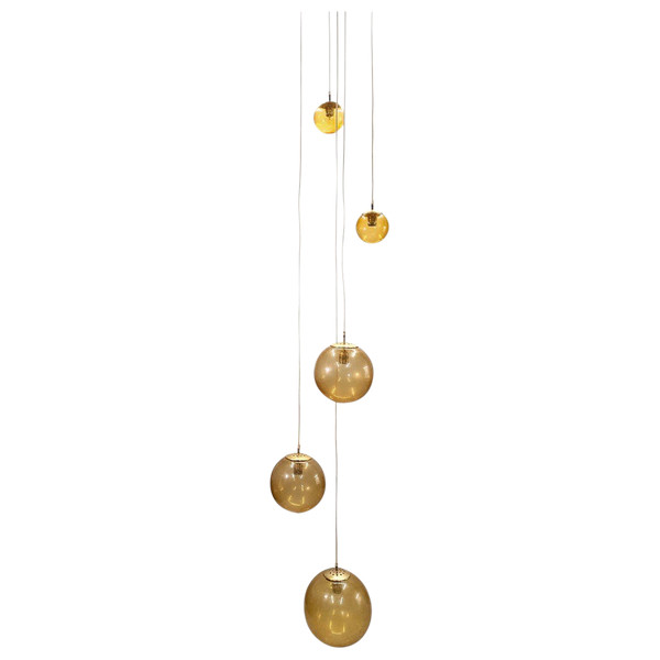 Chandelier Made Up Of 5 Hanging Balls In Orange Bubble Colored Glass, Height 290 Cm
