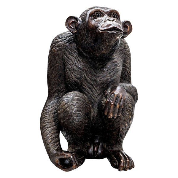 Sculpture En Bois Chimpanzé Yeux Sulfures