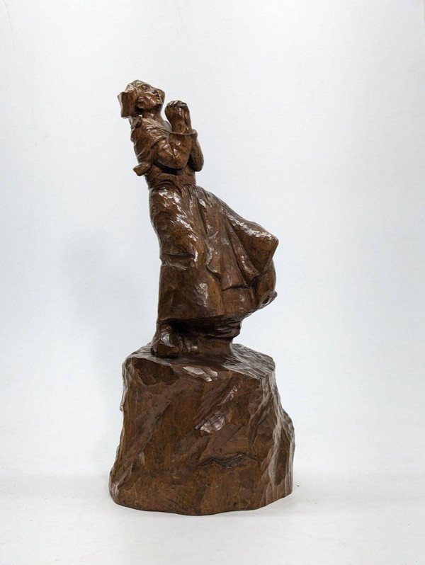 Sculpture En Bois Bretonne En Prière Signée Galle