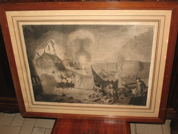 Naval battle large English engraving by John Keyse Sherwin 18th century framed