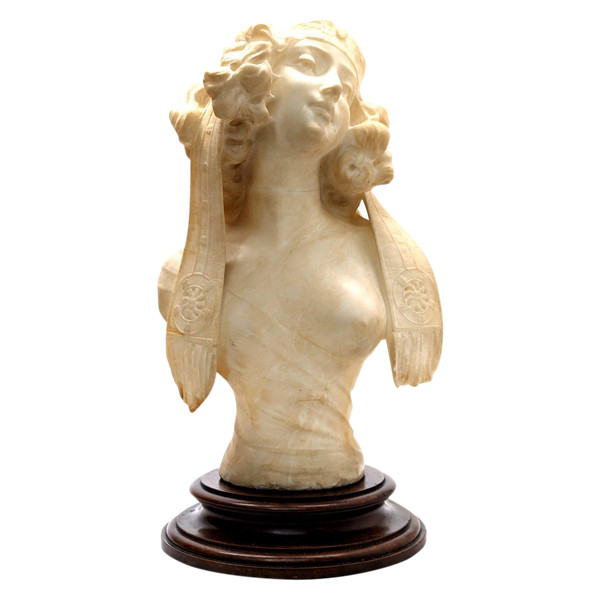 Busto di giovane donna in stile liberty orientale in alabastro 1900 circa